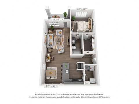 Floor plan for 1 bed, 1 bath, 847 sqft